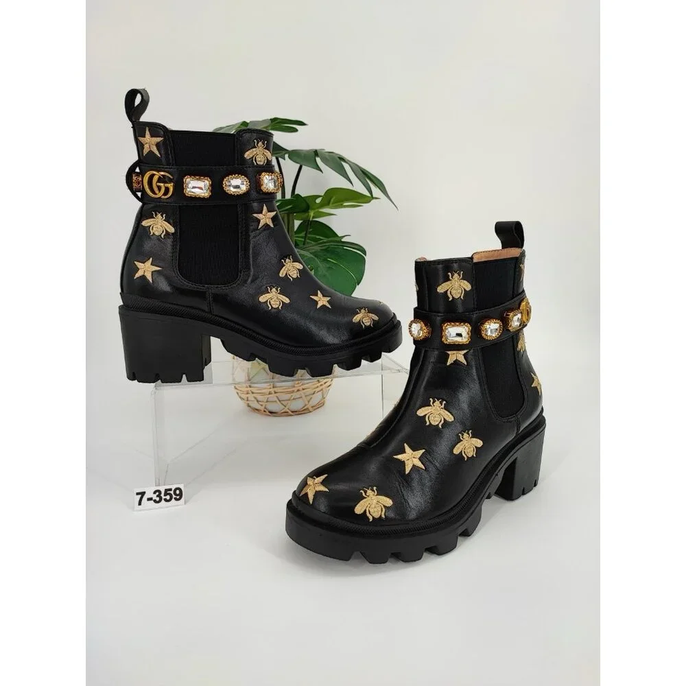 Gucci Bee & Star Embroidered Women's Size 7.5 US Leather Black Ankle Boots - Picture 1 of 9